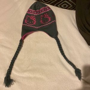Hello kitty pink and gray girls knit cap with outlined pink kitty faces